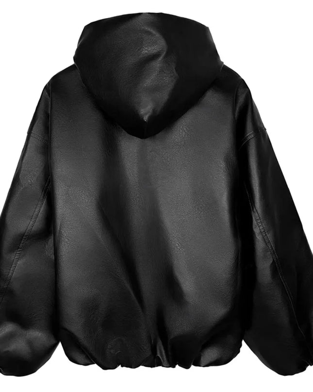 Unisex Faux Leather Casual Zipper Hooded Jacket - Oversized