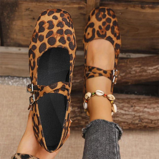 Double Buckle Women’s Square Toe Mary Jane Flats in Faux Suede