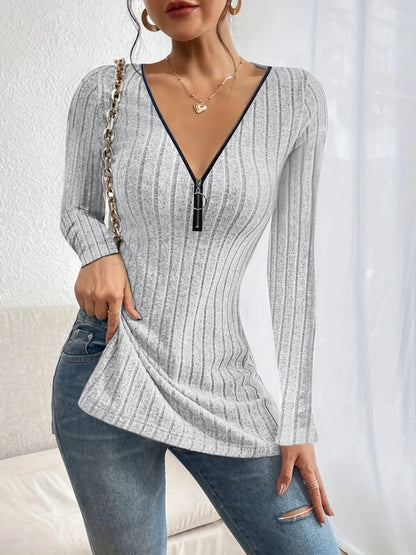 Women's Stretchy V-Neck Zipper Sweater