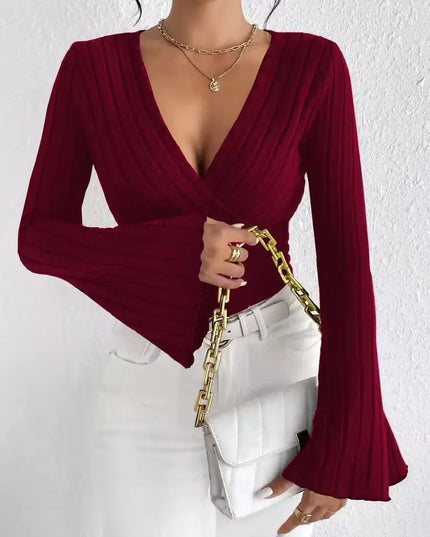 Women's Long-Sleeve V-Neck Slim Fit Striped Sweater