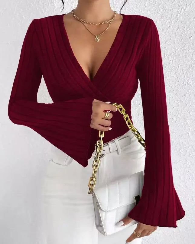 Women's Long-Sleeve V-Neck Slim Fit Striped Sweater