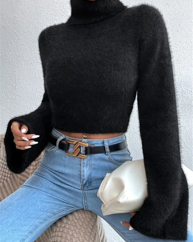 Women's Short Flare Sleeve Mock Neck Cropped Knit Sweater
