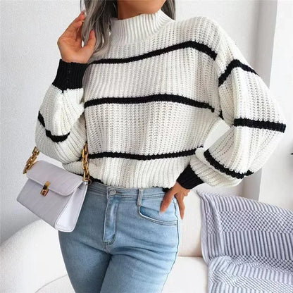 Women's Striped Sweater with Half High Collar