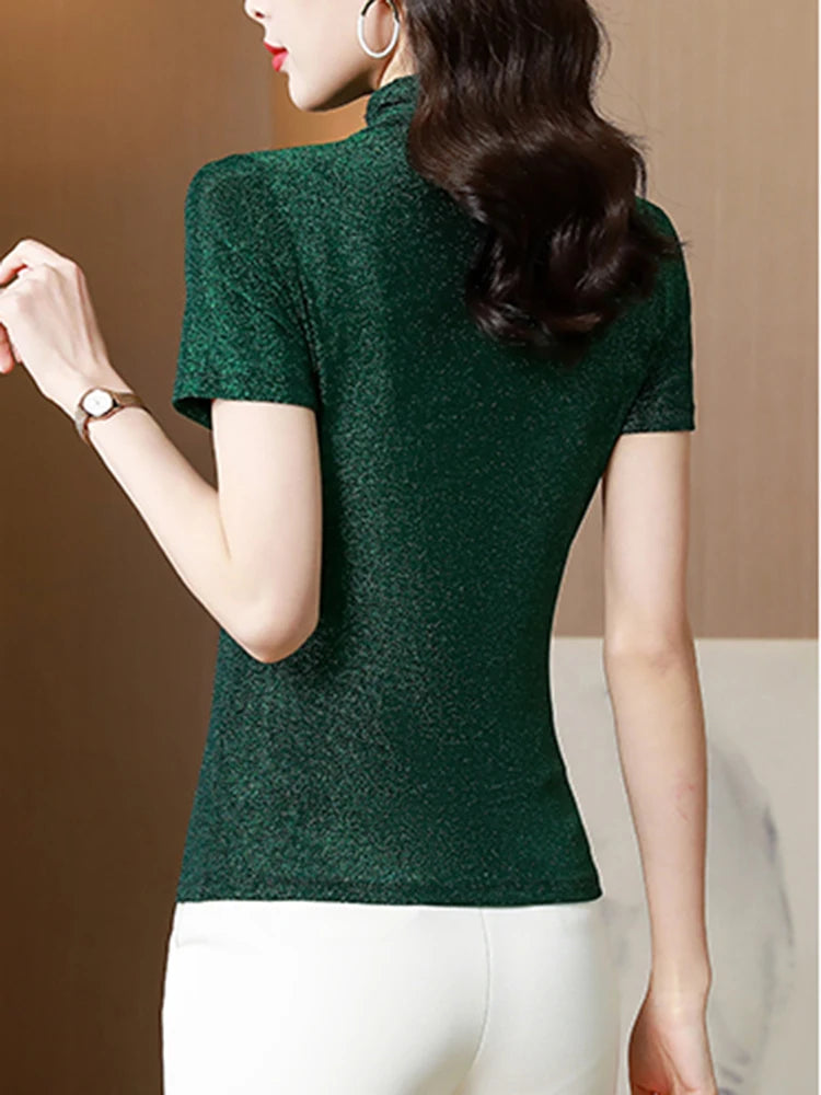 Women's Short Sleeve Turtleneck T-Shirts - Stretchy Shine Fabric for Ultimate Comfort