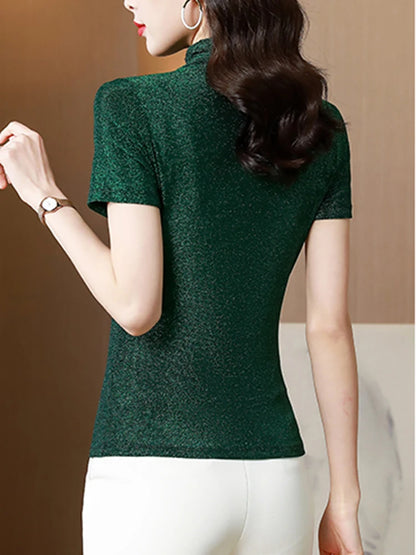 Women's Short Sleeve Turtleneck T-Shirts - Stretchy Shine Fabric for Ultimate Comfort