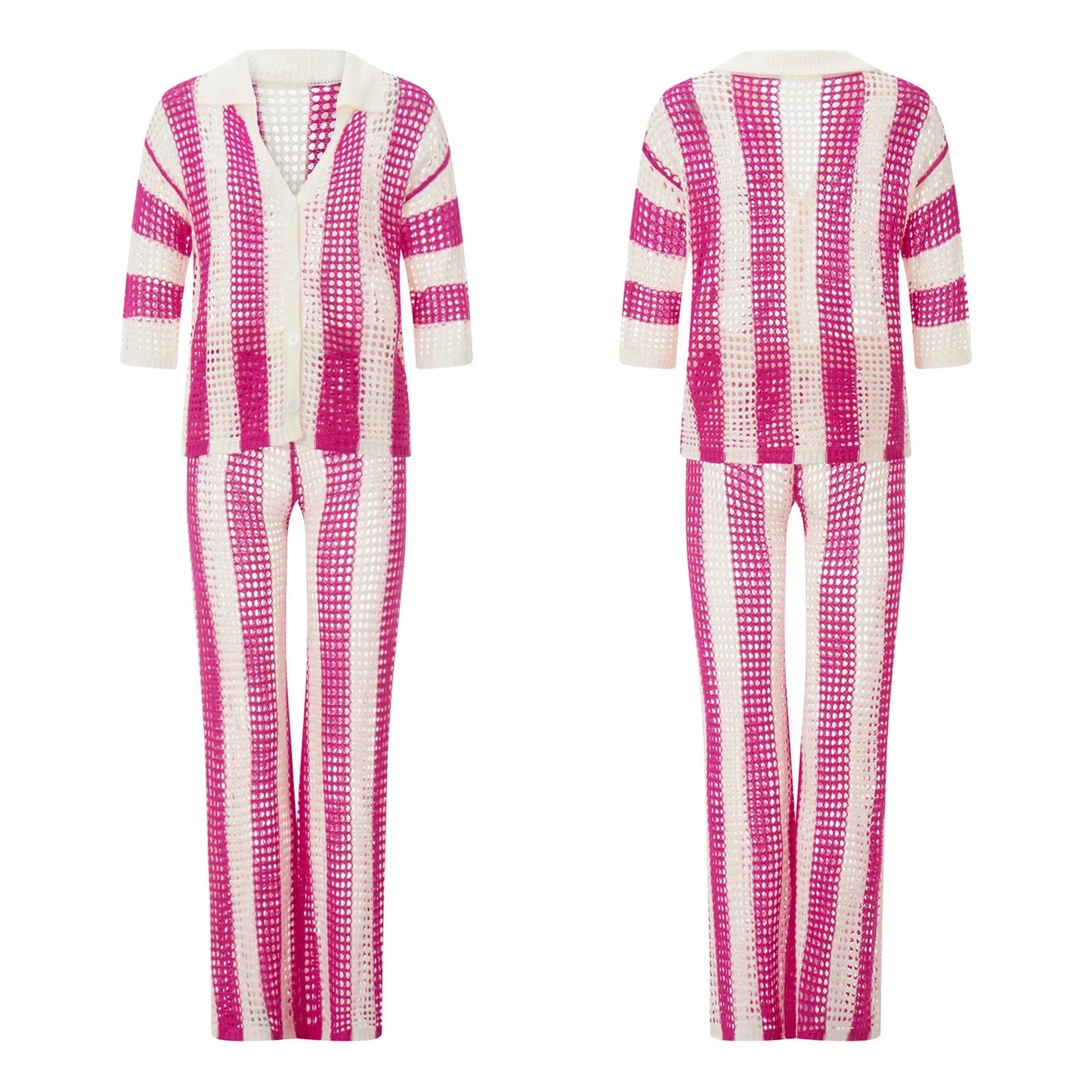 Women's Two-Piece Striped Knit V-Neck Hollow Out Button Top & Wide Leg Pants Set