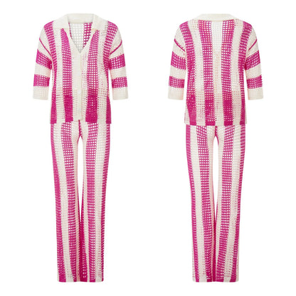Women's Two-Piece Striped Knit V-Neck Hollow Out Button Top & Wide Leg Pants Set