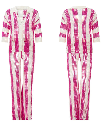 Women's Two-Piece Striped Knit V-Neck Hollow Out Button Top & Wide Leg Pants Set