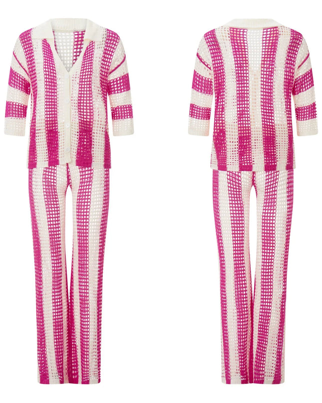 Women's Two-Piece Striped Knit V-Neck Hollow Out Button Top & Wide Leg Pants Set