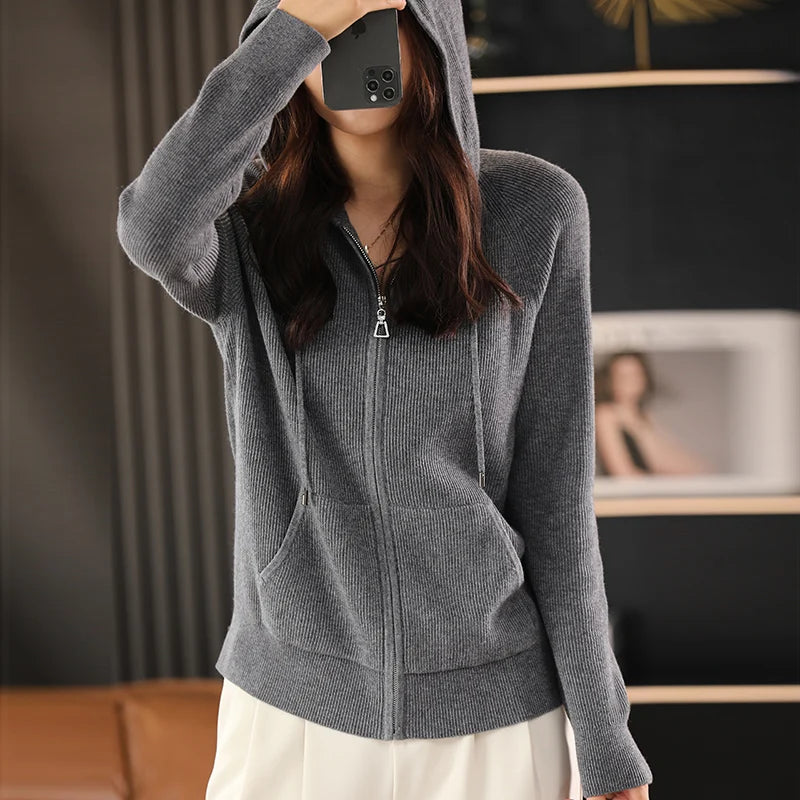 Women's Wool Blend Hoodie Sweater - Thick Knitted Zipper Cardigan with Hood