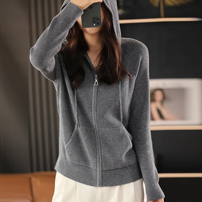 Women's Wool Blend Hoodie Sweater - Thick Knitted Zipper Cardigan with Hood