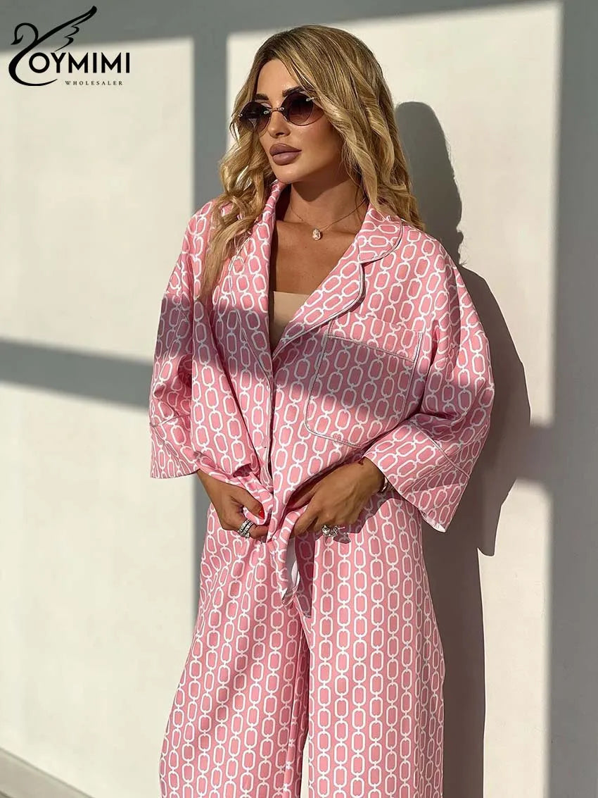 Oymimi Women's Pink 2-Piece Set: Loose Fit Three-Quarter Sleeve Shirt & Straight Trousers