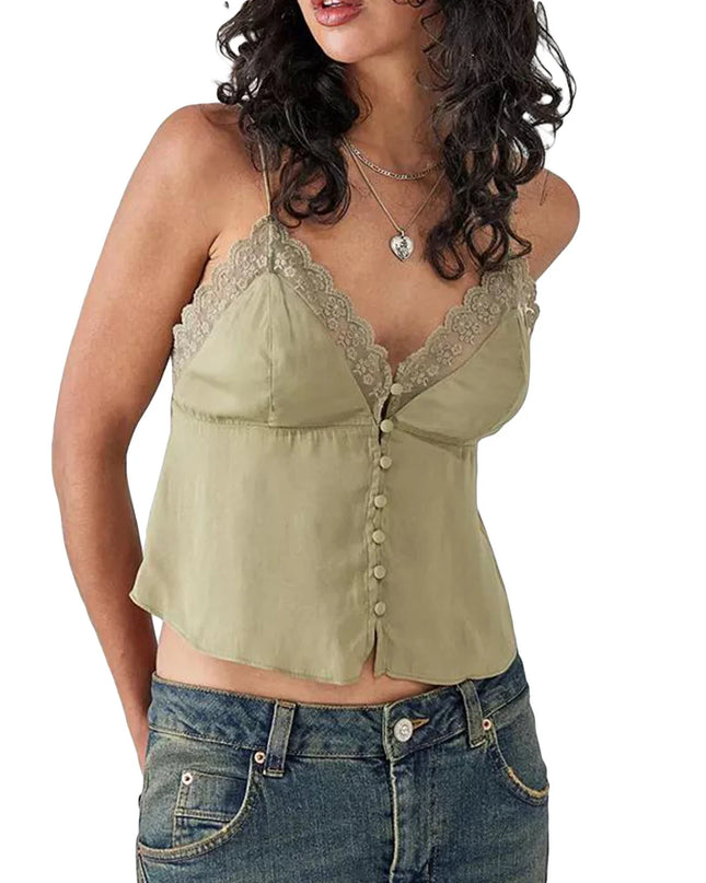 Women's Vintage V-Neck Camisoles with Spaghetti Straps & Button-Down Design
