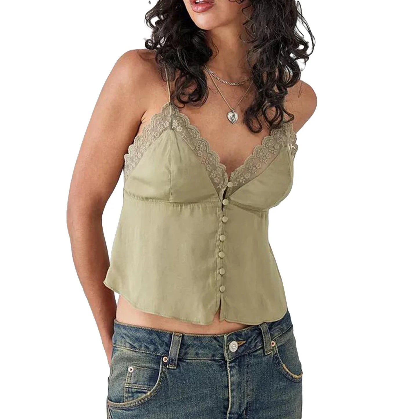 Women's Vintage V-Neck Camisoles with Spaghetti Straps & Button-Down Design