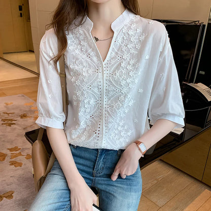 Embroidered White Lace Blouse for Women