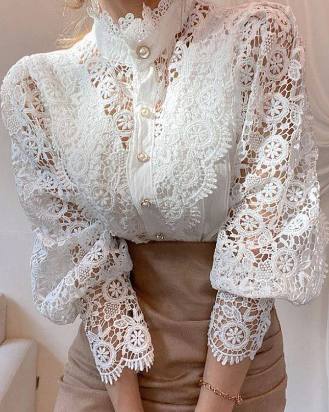 Elegant Women's Chiffon Turtleneck Blouse with Floral Lace Details