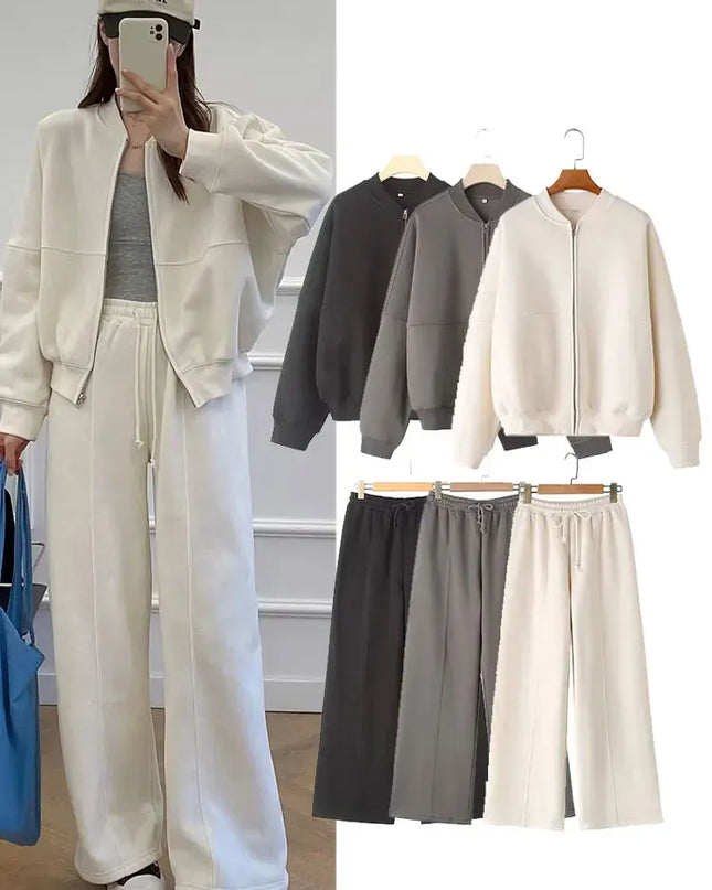 TRAFZA Women's 2-Piece Retro Zipper Jacket & High-Waisted Lace-Up Loose Pants Set