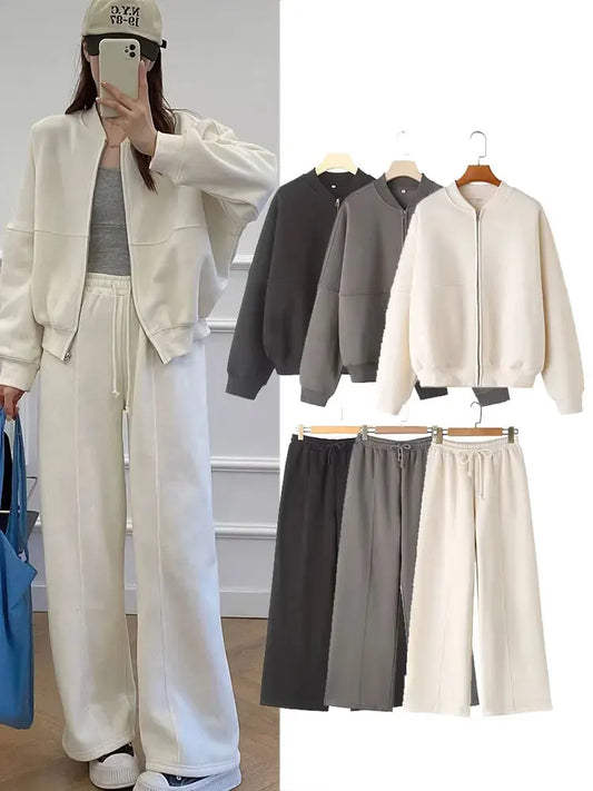 TRAFZA Women's 2-Piece Retro Zipper Jacket & High-Waisted Lace-Up Loose Pants Set