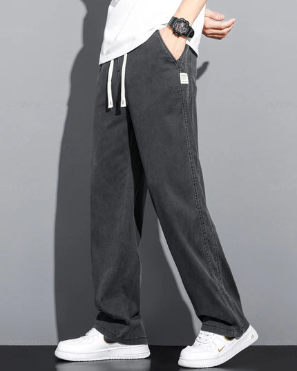 Men's Loose Fit Wide Leg Jeans in Soft Thin Lyocell Fabric with Drawstring Elastic Waist