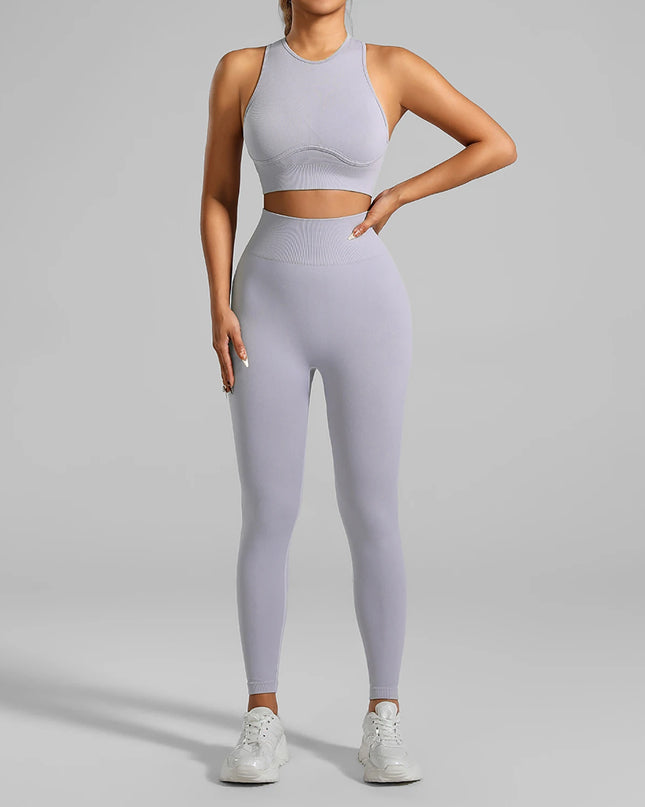 High-Waisted Ribbed Yoga Bra & Leggings Set for Women with Tummy Control