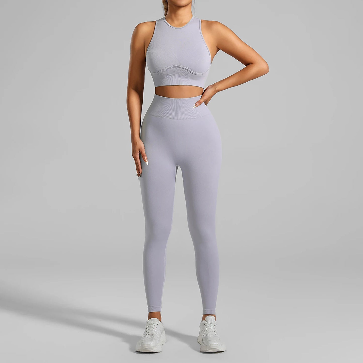 High-Waisted Ribbed Yoga Bra & Leggings Set for Women with Tummy Control