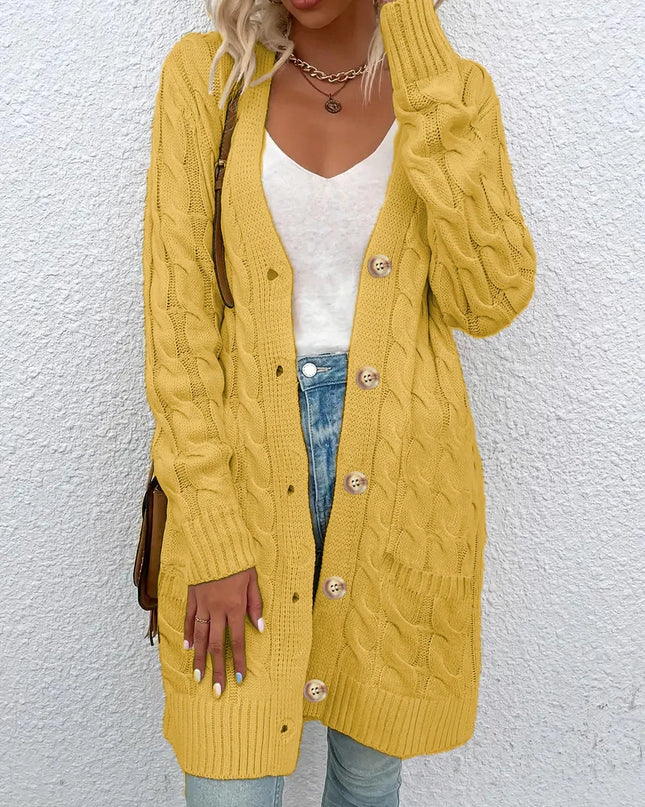 Women's Twisted Knit Long Cardigan with Single Button - Vintage Style
