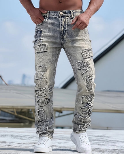 Vintage-Inspired Men's Jeans with Frayed Hem Details
