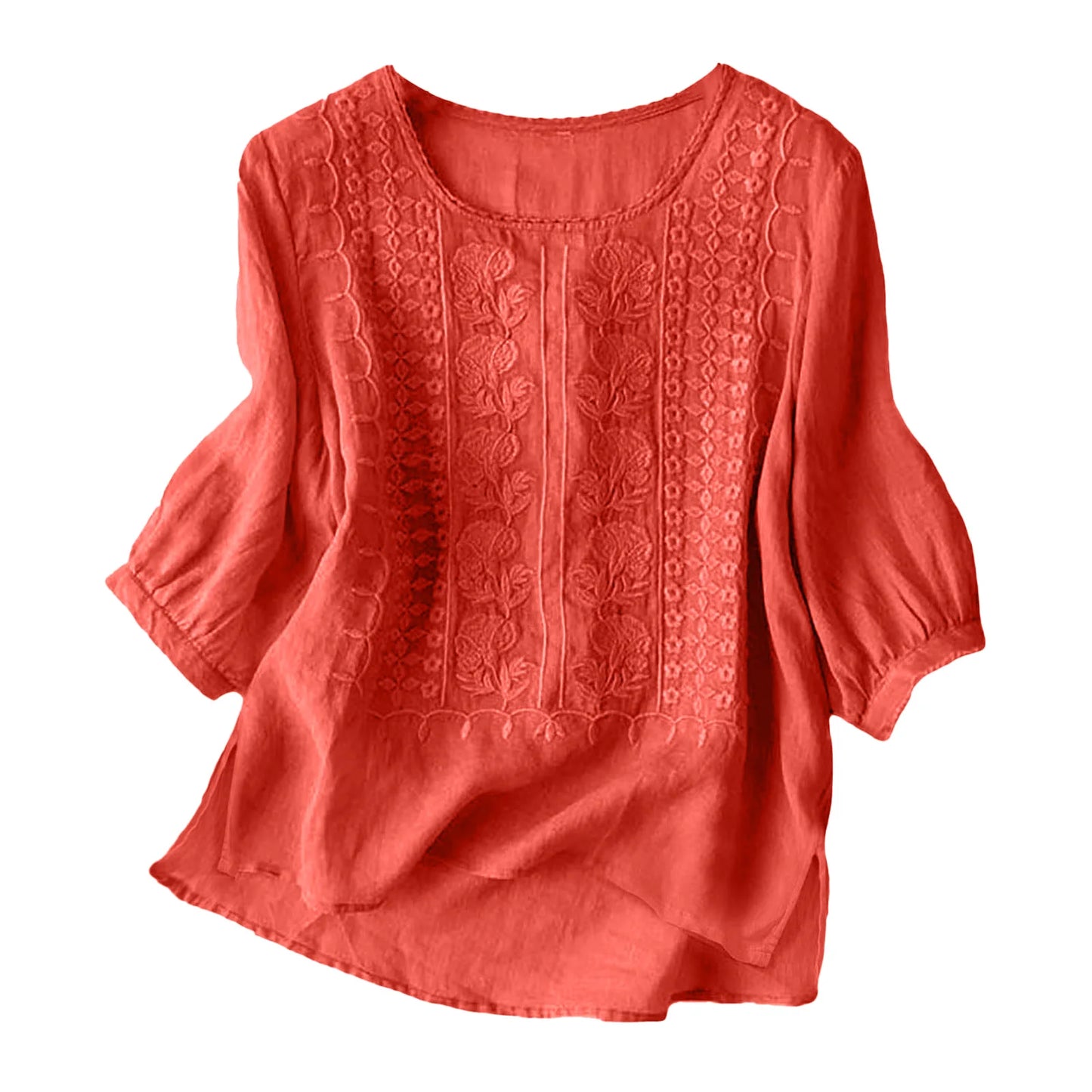 Women's Cotton Linen T Shirts Lace Crochet Embroidery Blouses Round Neck 3/4 Sleeve Casual Tops Thin Breathable Shirts Clothes