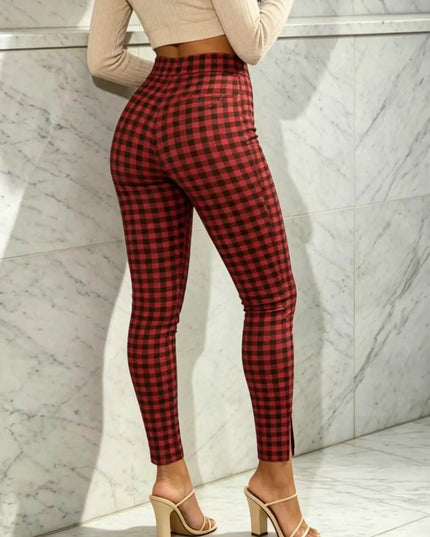 Casual High-Waisted Checkered Print Women's Trousers