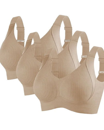 3-Piece Women's Non-Wire Push-Up Bra Set with Seamless Ribbed Design