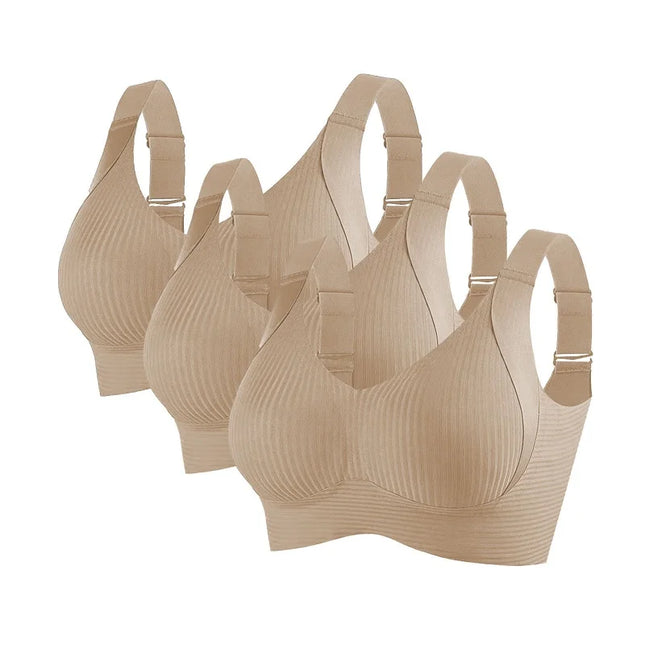 3-Piece Women's Non-Wire Push-Up Bra Set with Seamless Ribbed Design