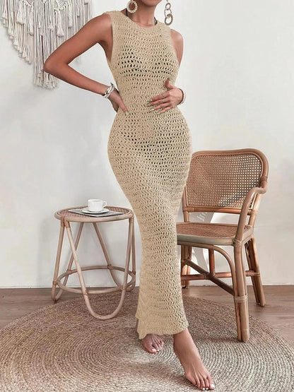 Women's Elegant Hollow-Out Dress with Waist Clip - Slim Fit