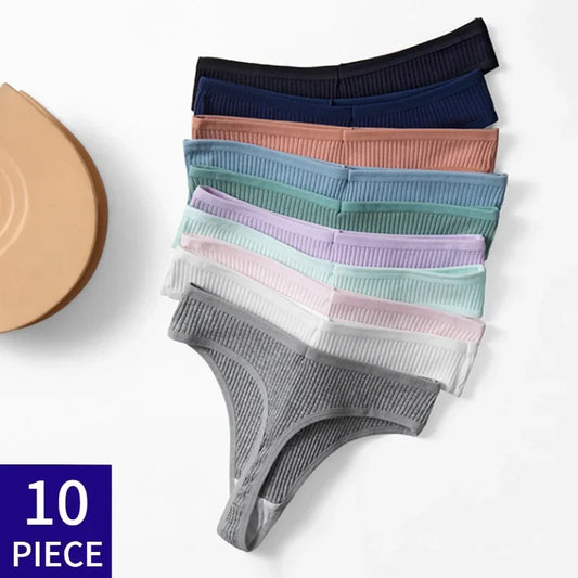 Set of 10 women's underwear in various colors on a white background