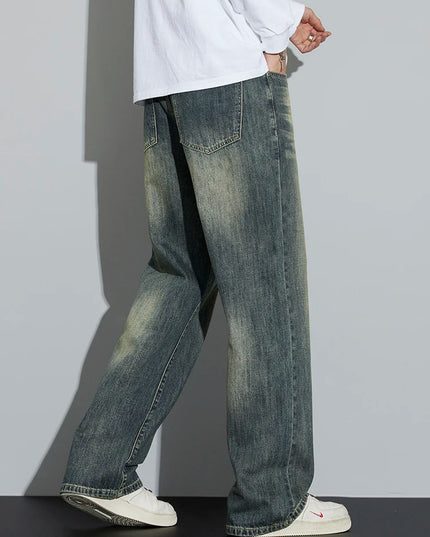 Men's Cotton Baggy Wide Leg Jeans – Retro Washed Denim Loose Fit Trousers for Men