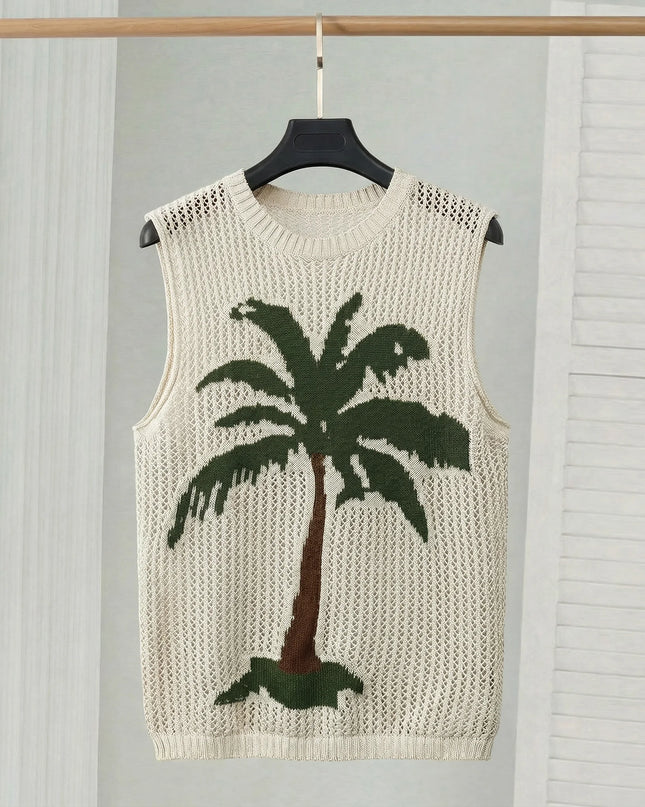 Men's Crochet Knit Vest with Palm Tree Print and Hollow Design