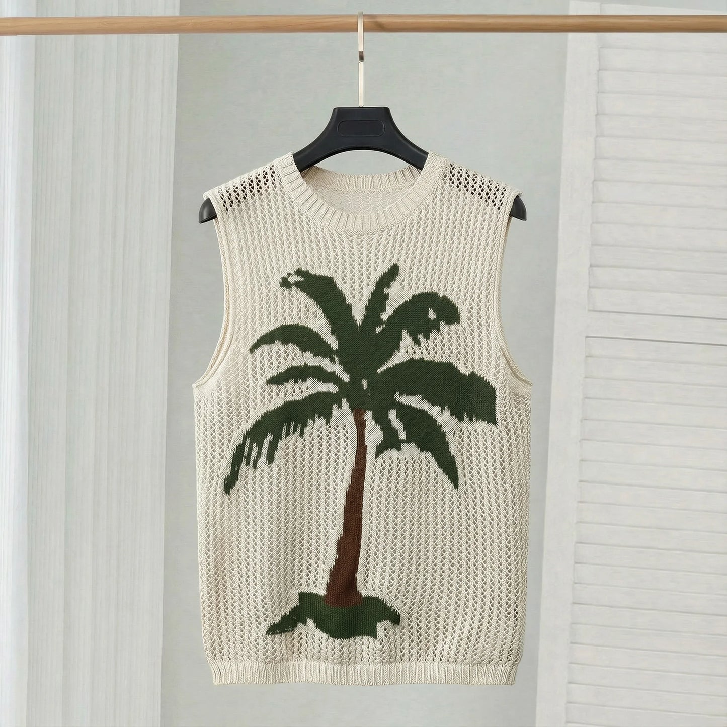 Men's Crochet Knit Vest with Palm Tree Print and Hollow Design