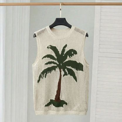 Men's Crochet Knit Vest with Palm Tree Print and Hollow Design