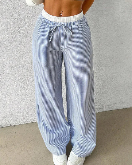 High-Waisted Wide Leg Pants for Women with Stripes, Drawstring, and Loose Fit