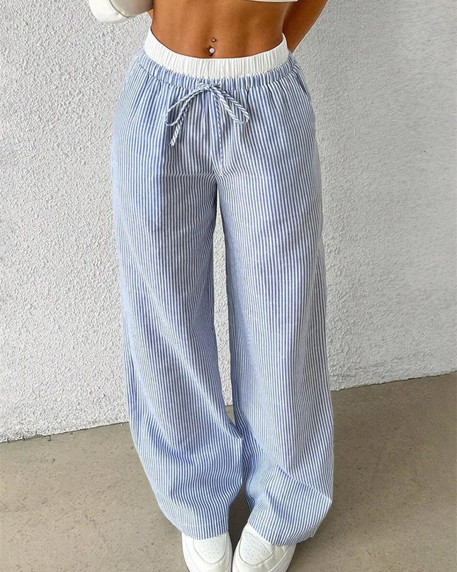 High-Waisted Wide Leg Pants for Women with Stripes, Drawstring, and Loose Fit