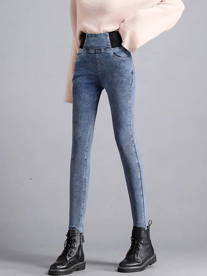 Women's High-Waisted Slim Fit Vintage Denim Jeans with Stretch