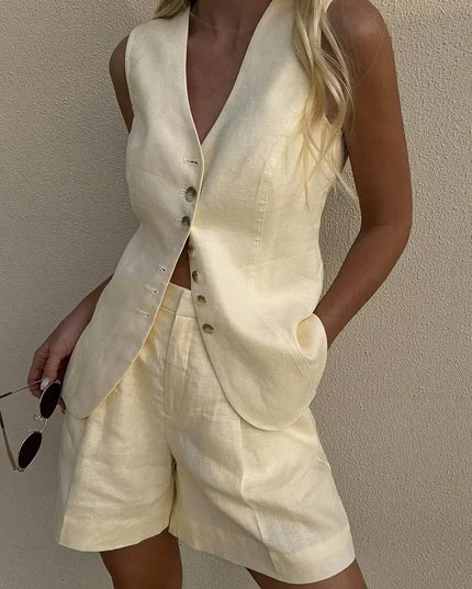 Women's Cotton Linen 2-Piece Vest and Shorts Set