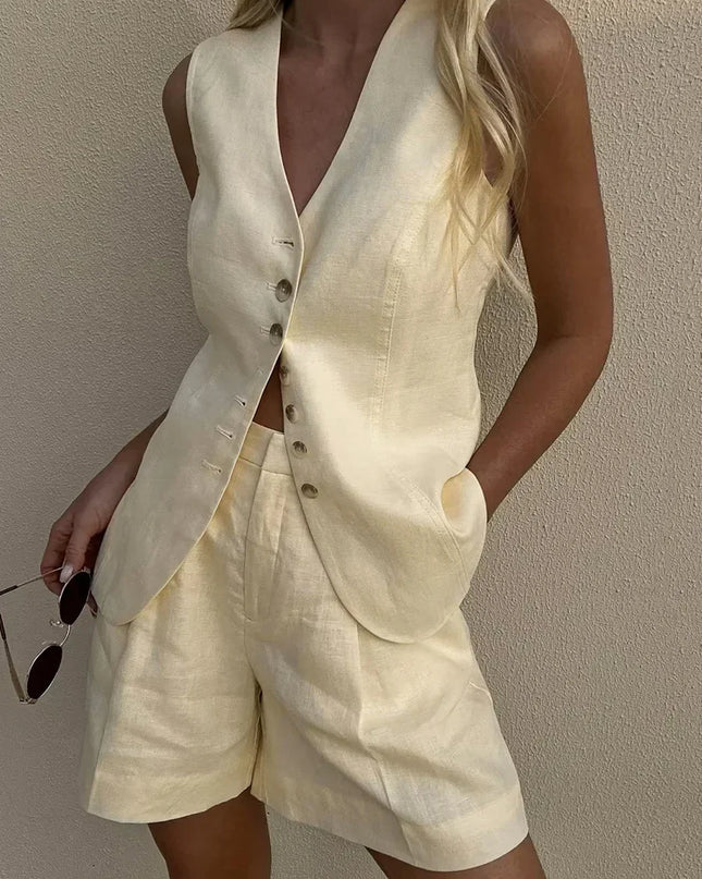 Women's Cotton Linen 2-Piece Vest and Shorts Set