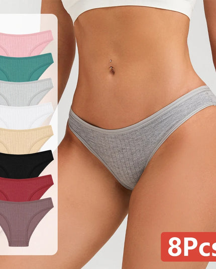 Set of 8 Cotton Striped Low-Rise Stretchy Panties for Women