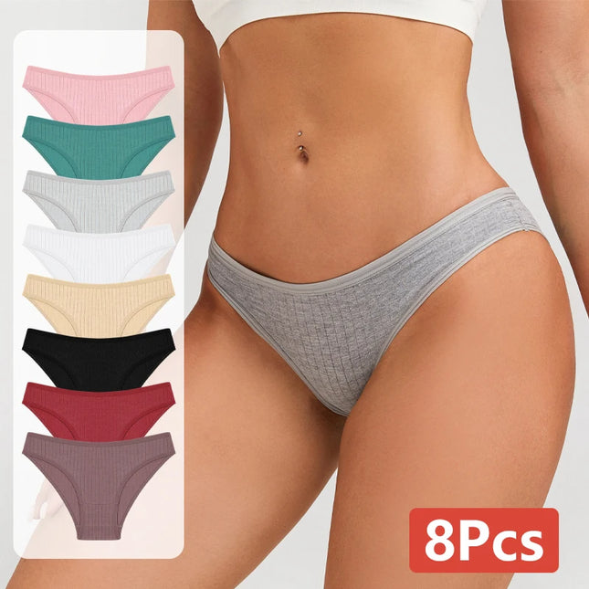 Set of 8 Cotton Striped Low-Rise Stretchy Panties for Women