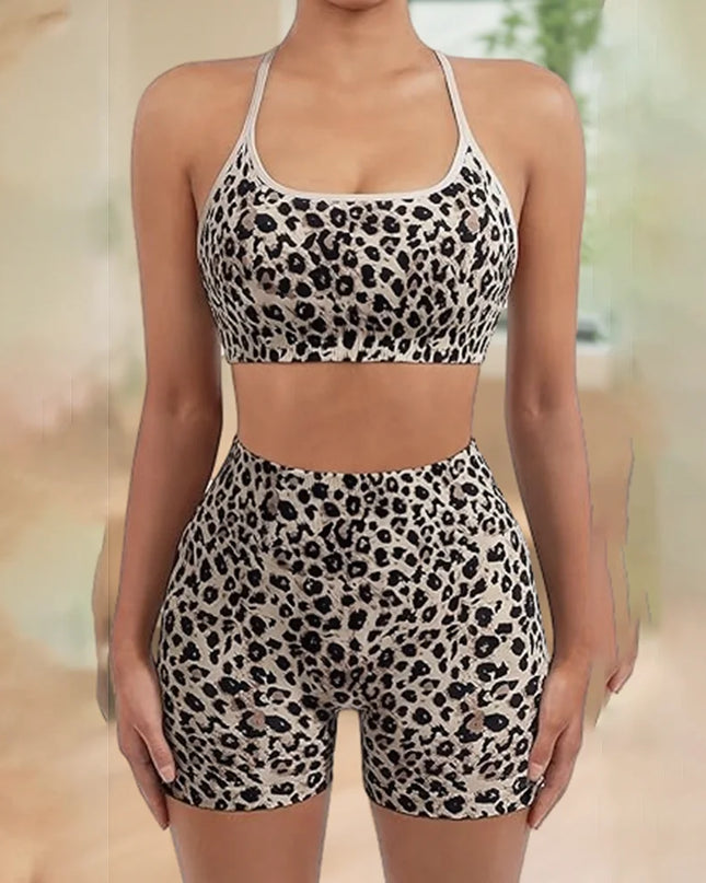 Women’s Seamless Leopard Print Strappy Sports Bra & High Waist Booty Shorts Set