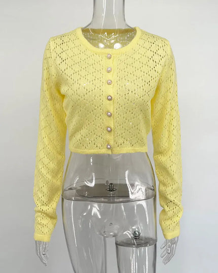 Women's Hollow Out Knit Cardigan - Long Sleeve Casual Cropped See-Through Knitwear