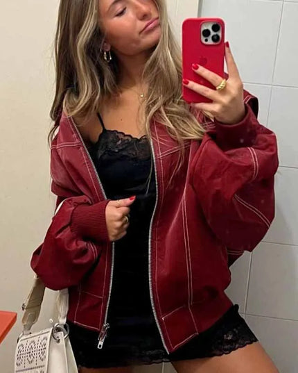 Women's Zipper PU Leather Jacket with Stitch Lapel - Loose Fit