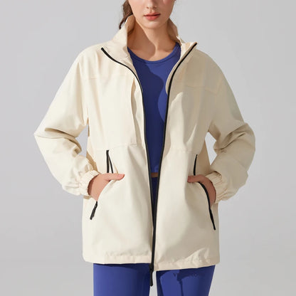 Women's Waterproof Rain Jacket with Stand Collar - Lightweight, Full Zipper
