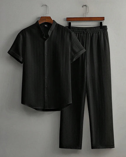 Men’s Jacquard Shirt and Drawstring-Waist Pants Set — Lightweight & Breathable
