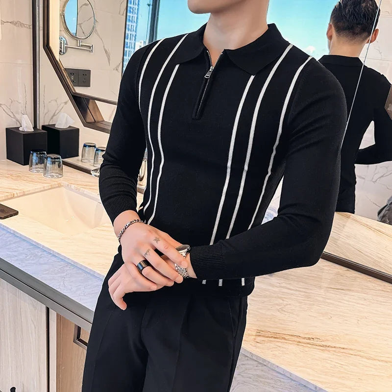 Men's Striped Zipper Collar Sweater with Flip Collar, Knitted Polo Style, Slim Fit